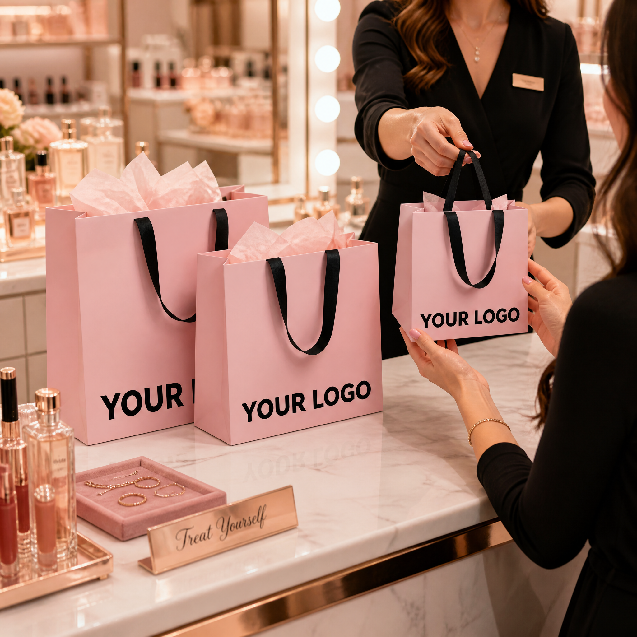 Pink custom paper bags for a retail brand