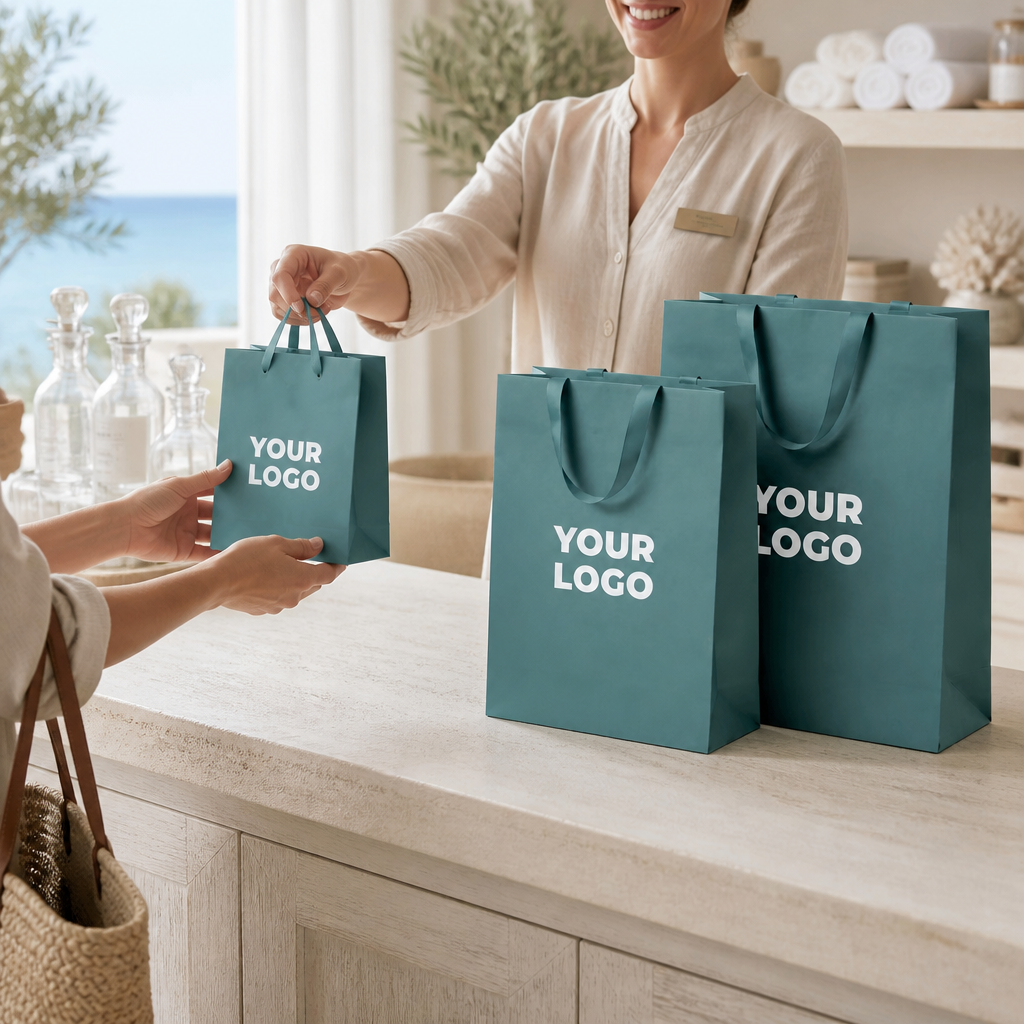 Teal custom paper bags in a boutique setting